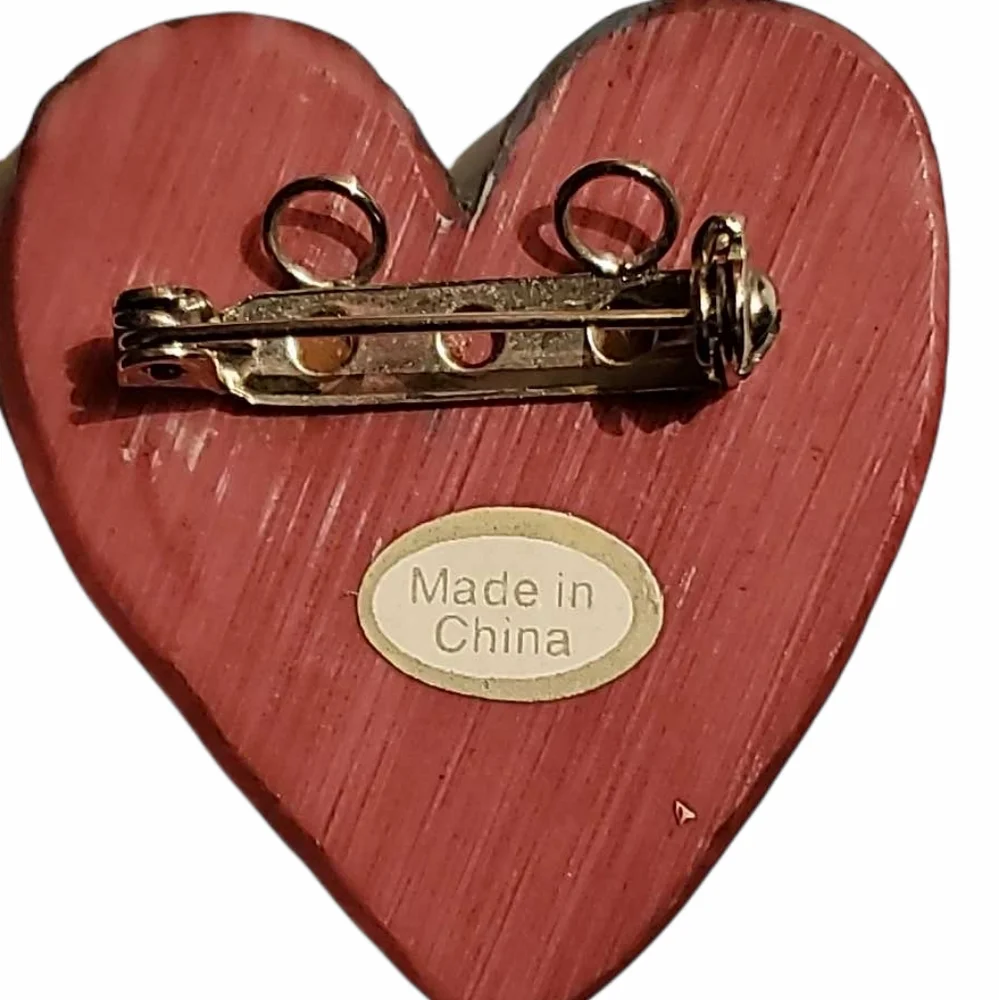 Wooden Heart Brooch Dark Green Plaid With a Matching Button